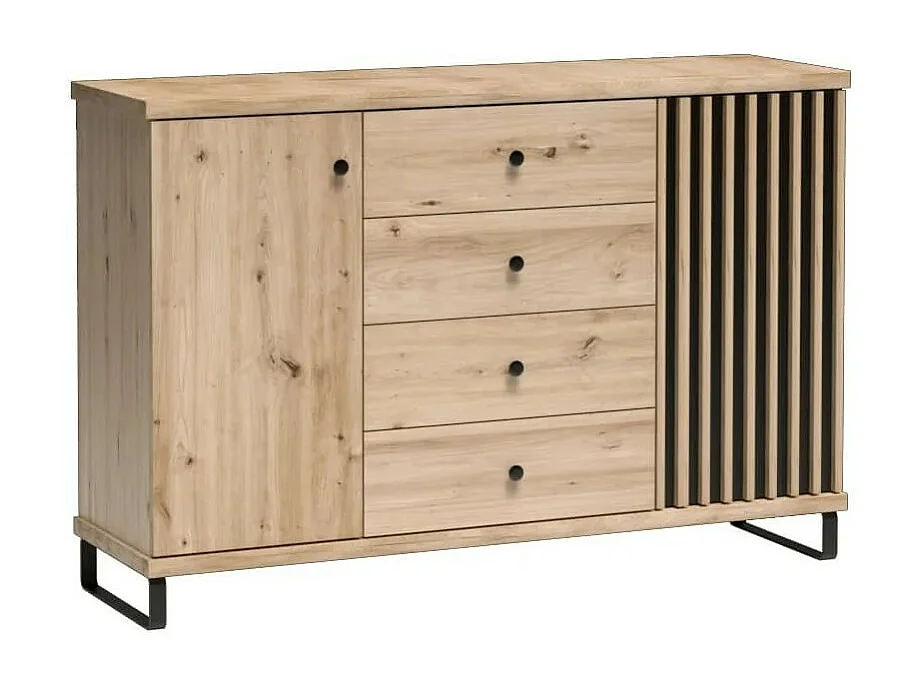 Credenza in rovere con 2 ante e 4 cassetti e gambe in metallo nero Hendall