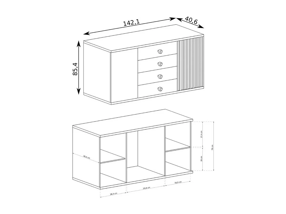 Credenza in rovere con 2 ante e 4 cassetti e gambe in metallo nero Hendall