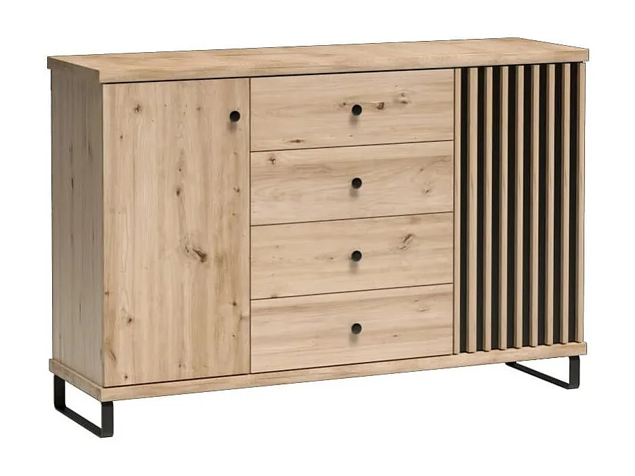 Buffet bas aspect chêne avec 2 portes et 4 tiroirs et pieds en métal noir Hendall