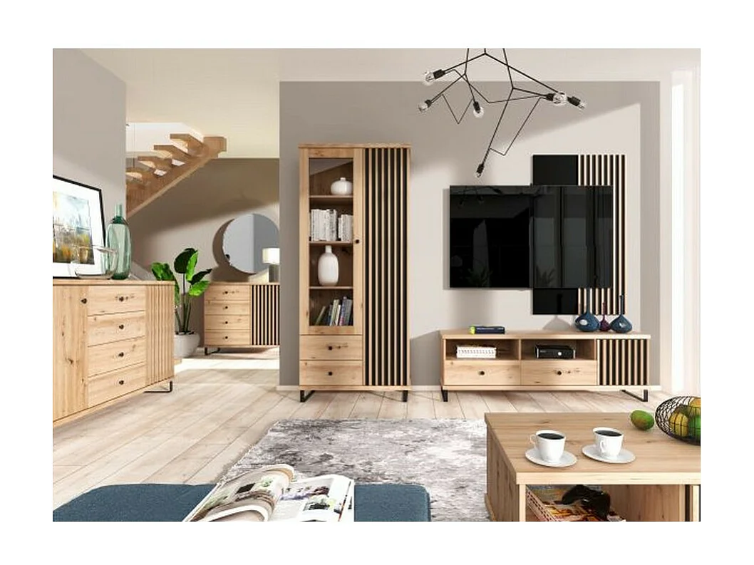 Cómoda Hendall de aspecto roble con patas de metal negro