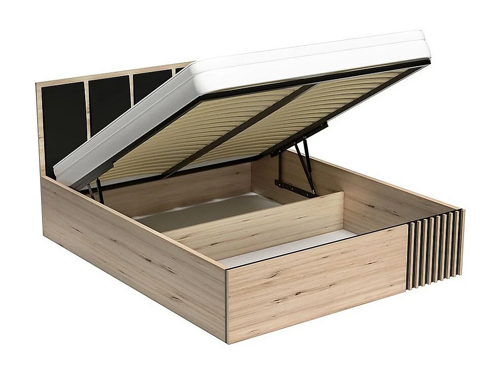 Lit style chêne 160 x 200 cm avec coffre de rangement Hendall