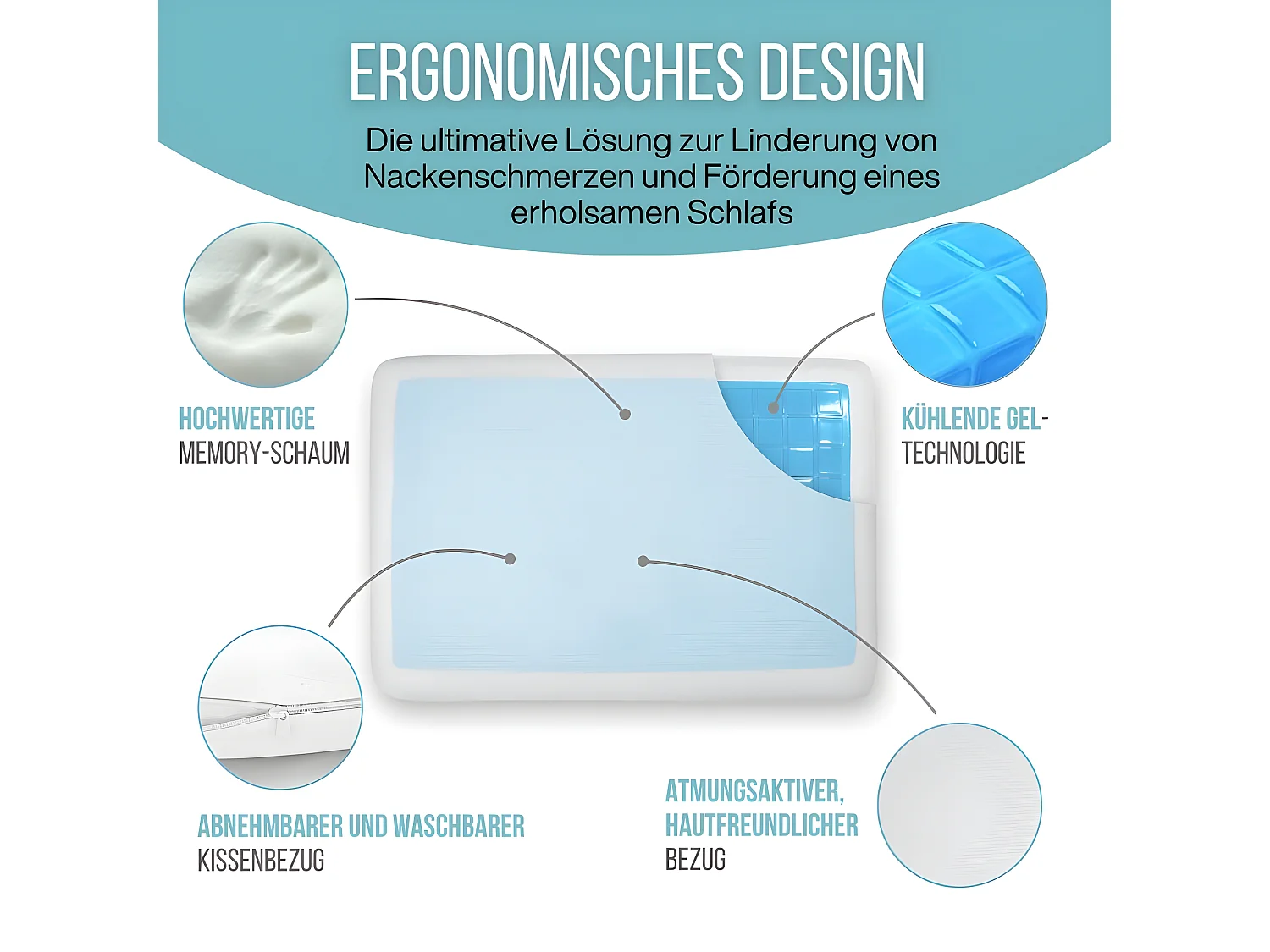 Rechteckiges Kühlgel-Kissen 60x40, Doppelseitig, Ergonomisch, Memory-Schaum - ConfortGel