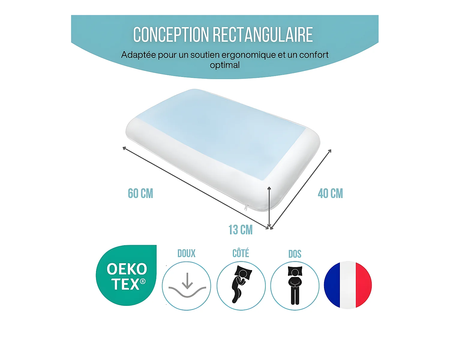 Almohada Gel Refrescante Rectangular 60x40, Doble Cara, Ergonómica, Espuma de Memoria - ConfortGel