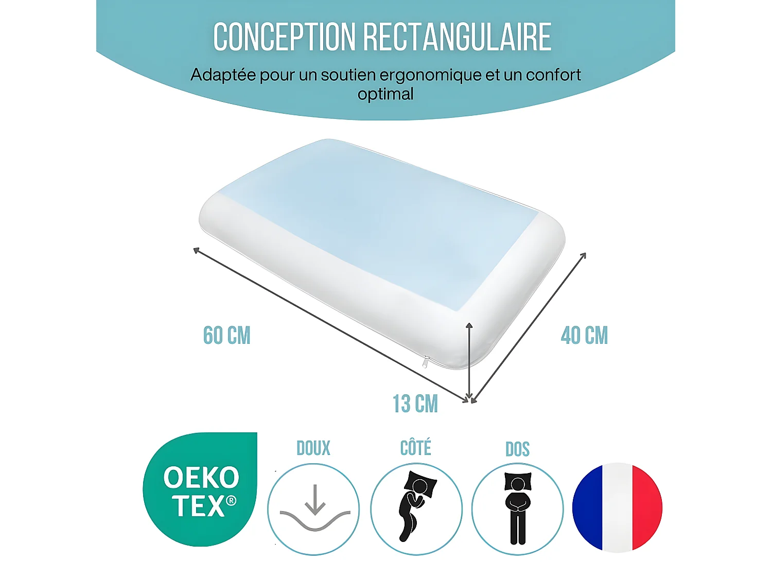 Cuscino Gel Rinfrescante Rettangolare 60x40, Doppio Lato, Ergonomico, Memory Foam - ConfortGel