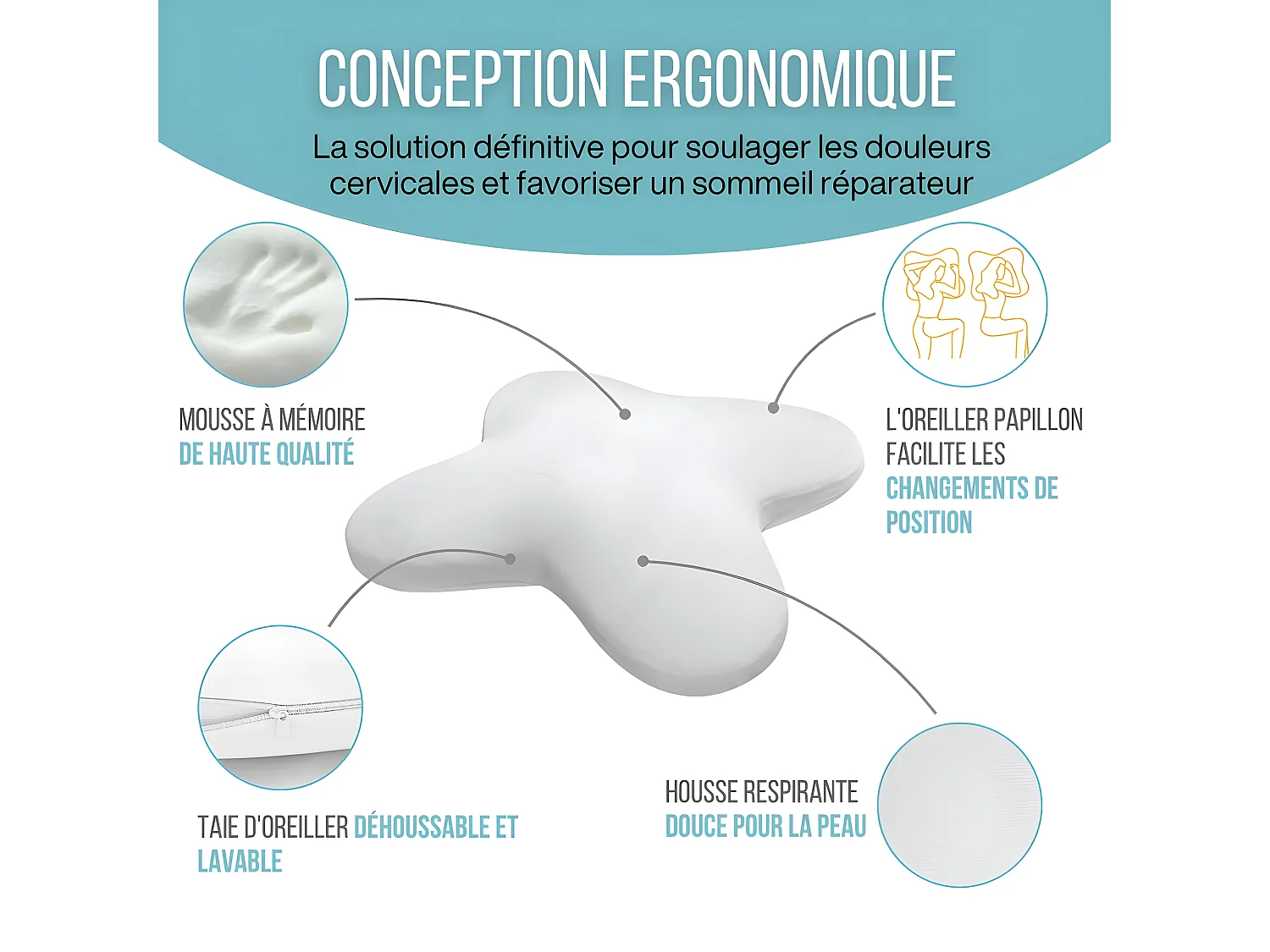 Oreiller Papillon Rafraîchissant 53x43 Double Face, Gel Refroidissant, Mémoire de Forme- PURE