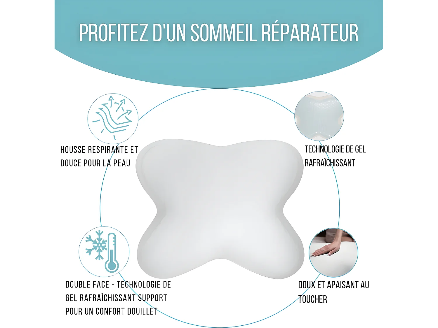 Oreiller Papillon Rafraîchissant 53x43 Double Face, Gel Refroidissant, Mémoire de Forme- PURE