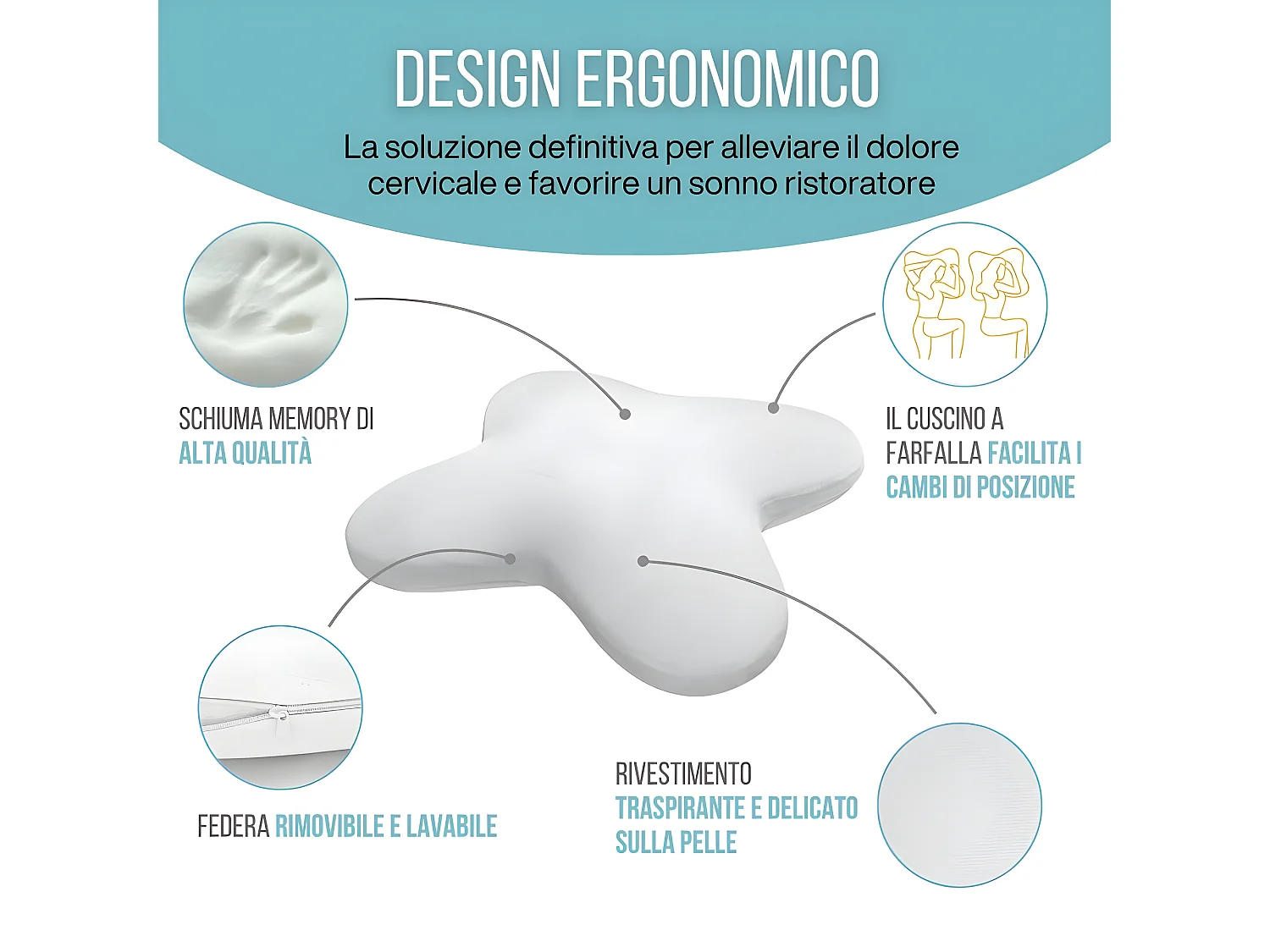 Oreiller Papillon Rafraîchissant 53x43 Double Face, Gel Refroidissant, Mémoire de Forme- PURE