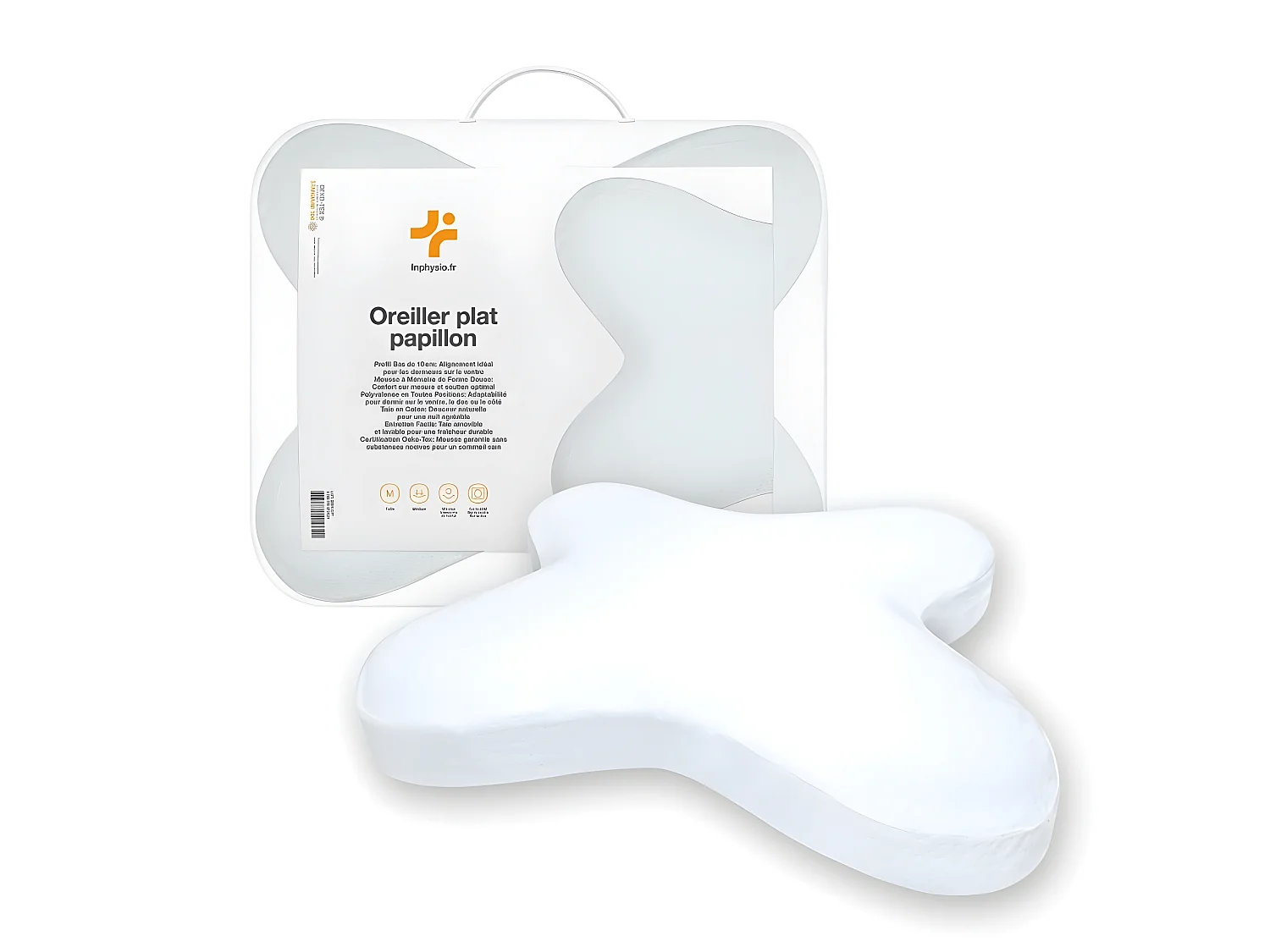 Oreiller Papillon Plat 56x46 Mémoire de Forme, Profil Bas 10 cm, Multiposition, Taie en Coton