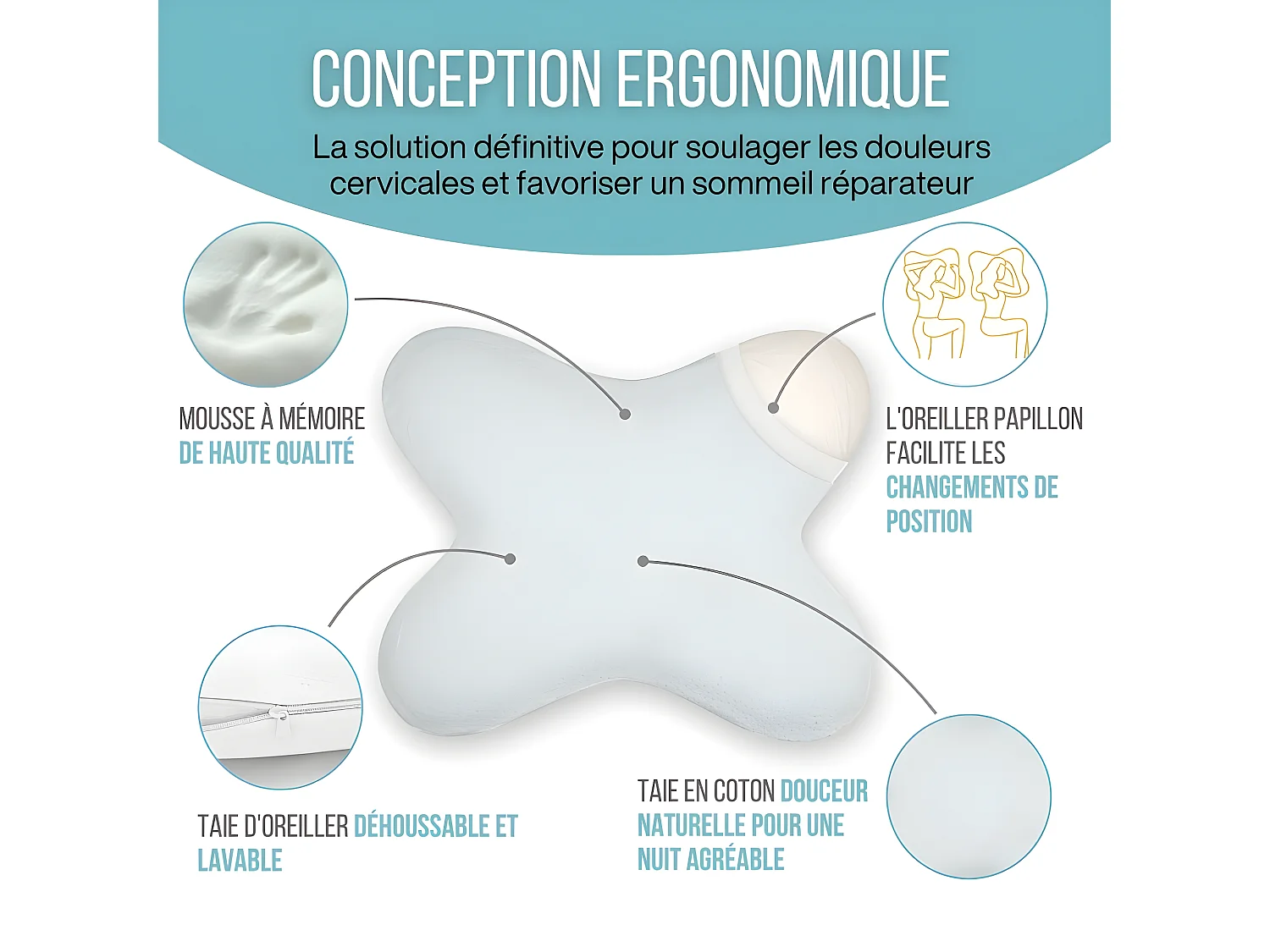 Oreiller Papillon Plat 56x46 Mémoire de Forme, Profil Bas 10 cm, Multiposition, Taie en Coton