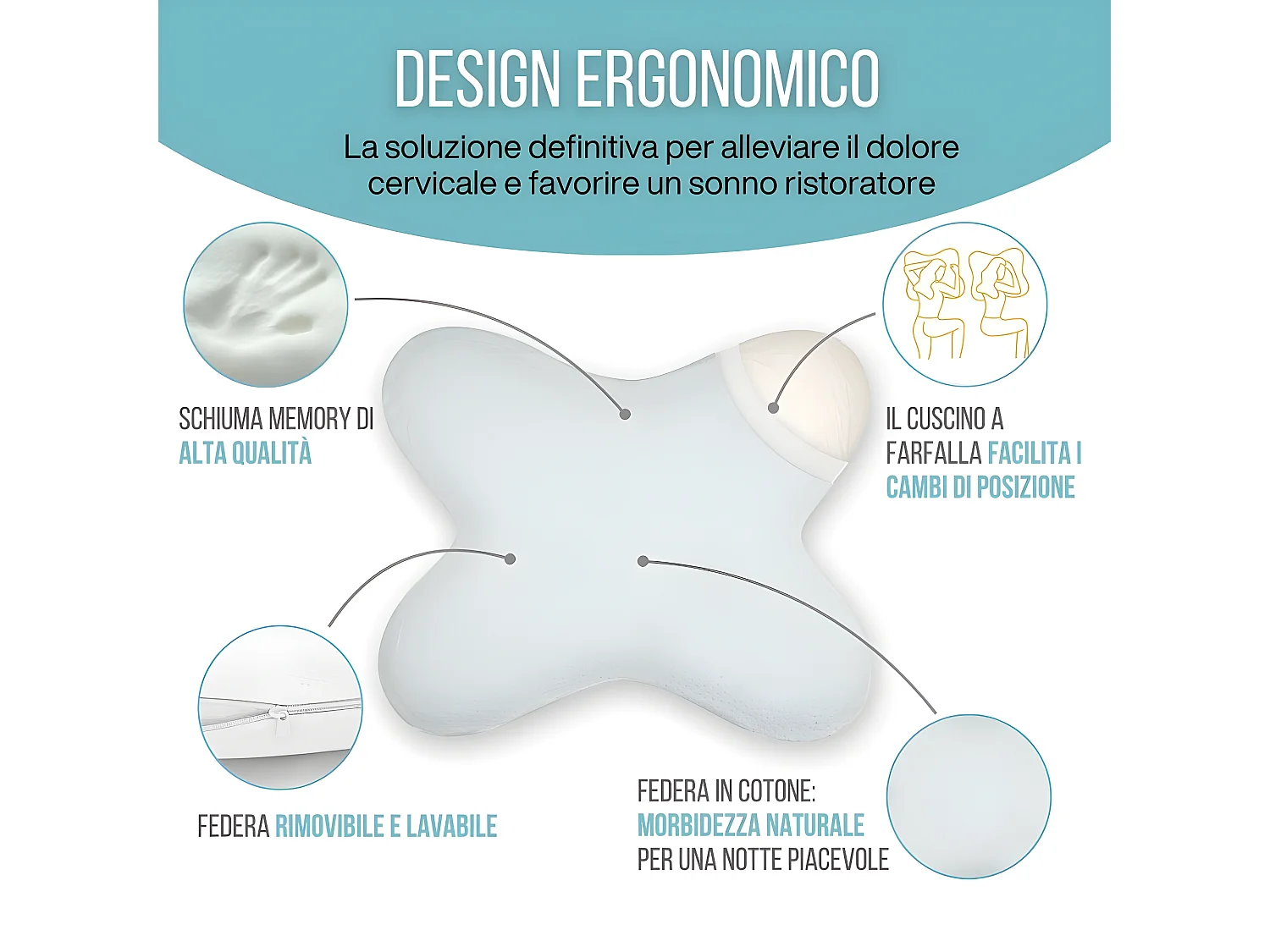 Oreiller Papillon Plat 56x46 Mémoire de Forme, Profil Bas 10 cm, Multiposition, Taie en Coton