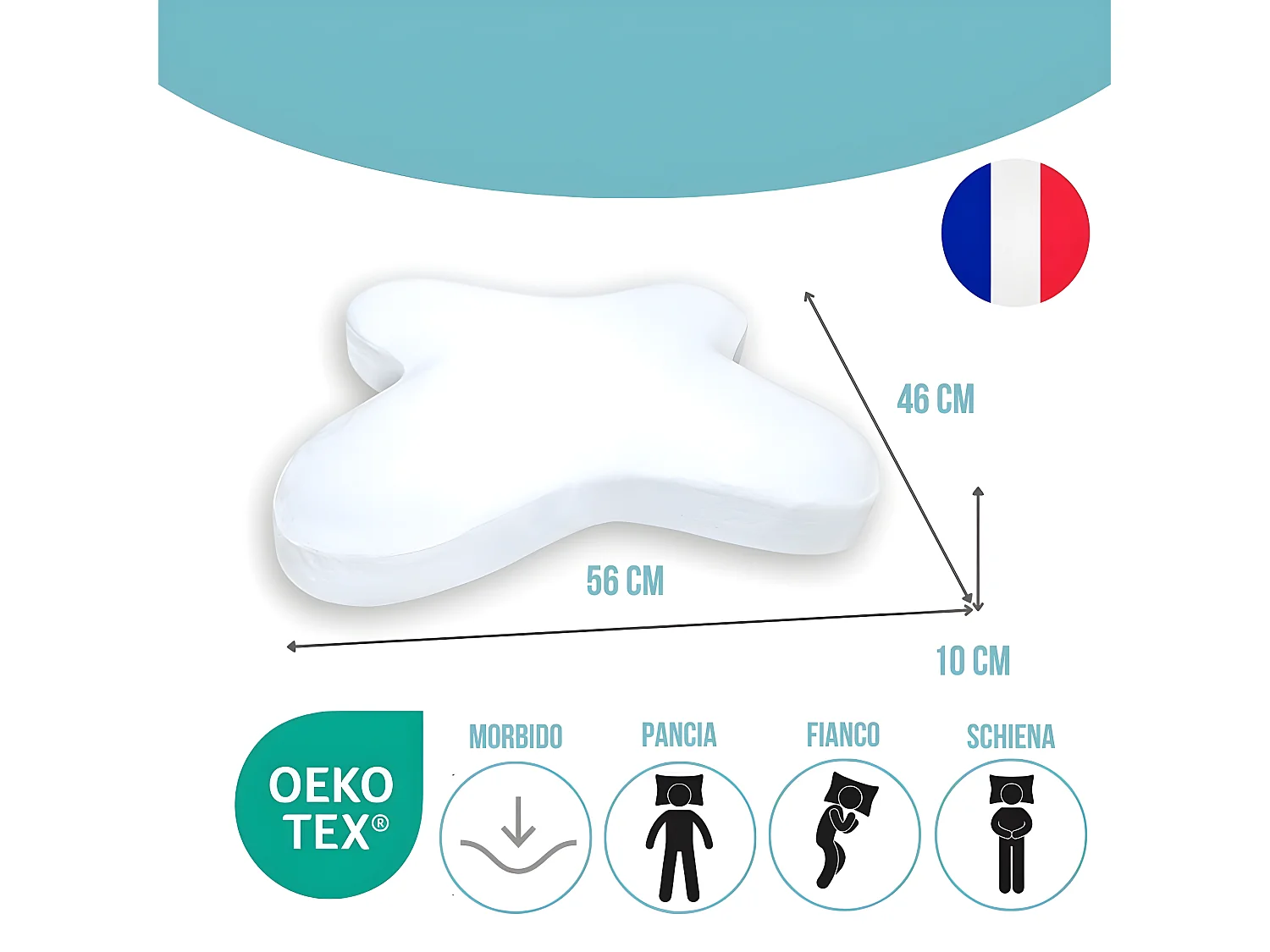 Oreiller Papillon Plat 56x46 Mémoire de Forme, Profil Bas 10 cm, Multiposition, Taie en Coton