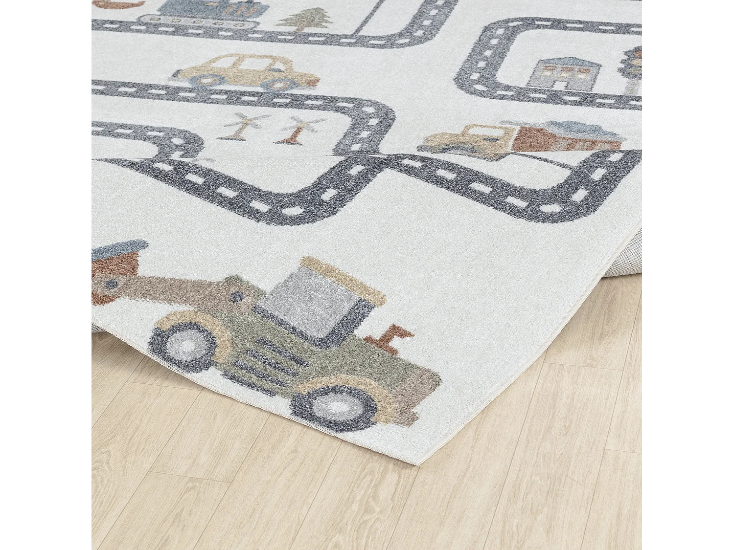 Tapis Enfant Lavable en Machine Circuit Voitures - Beige/Gris - 140x200cm - VROOMVILLE