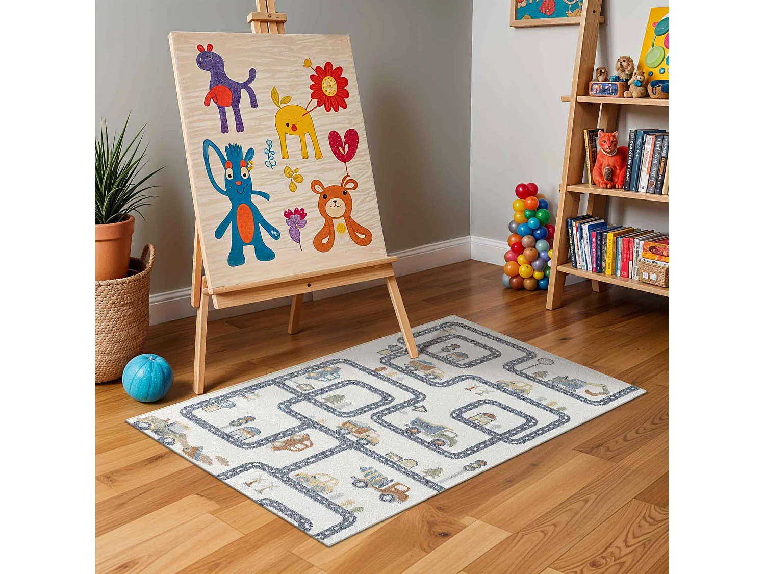 Tapis Enfant Lavable en Machine Circuit Voitures - Beige/Gris - 140x200cm - VROOMVILLE
