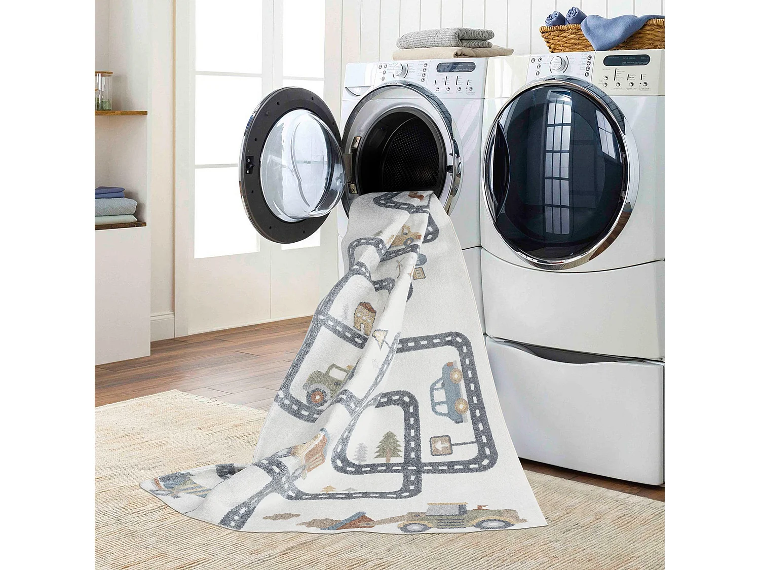 Tapis Enfant Lavable en Machine Circuit Voitures - Beige/Gris - 140x200cm - VROOMVILLE