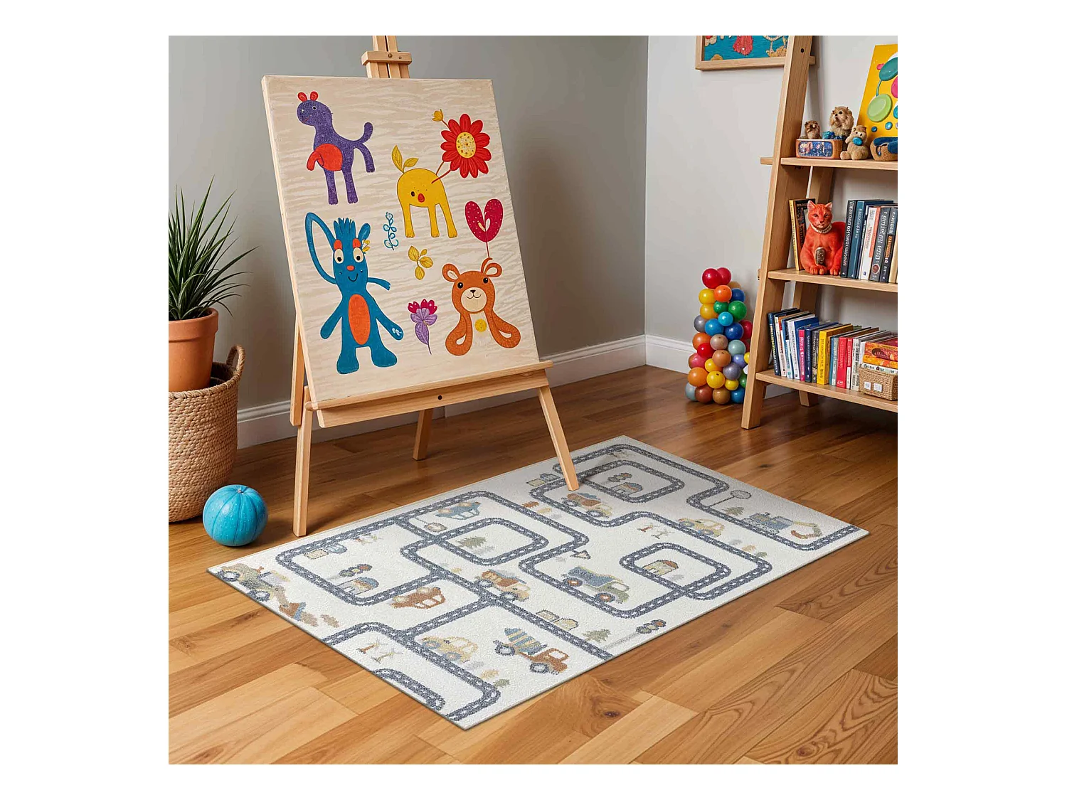 Tapis Enfant Lavable en Machine Circuit Voitures - Beige/Gris - 140x200cm - VROOMVILLE