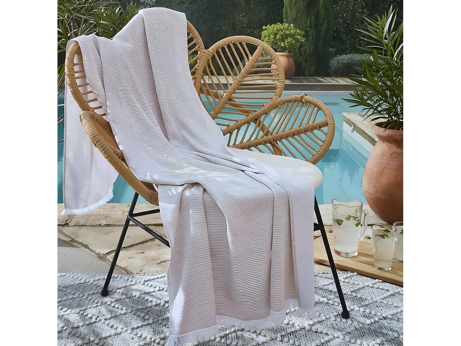 AMAL - Fouta Coton tissé + éponge 95 x 180 cm Coloris Corail
