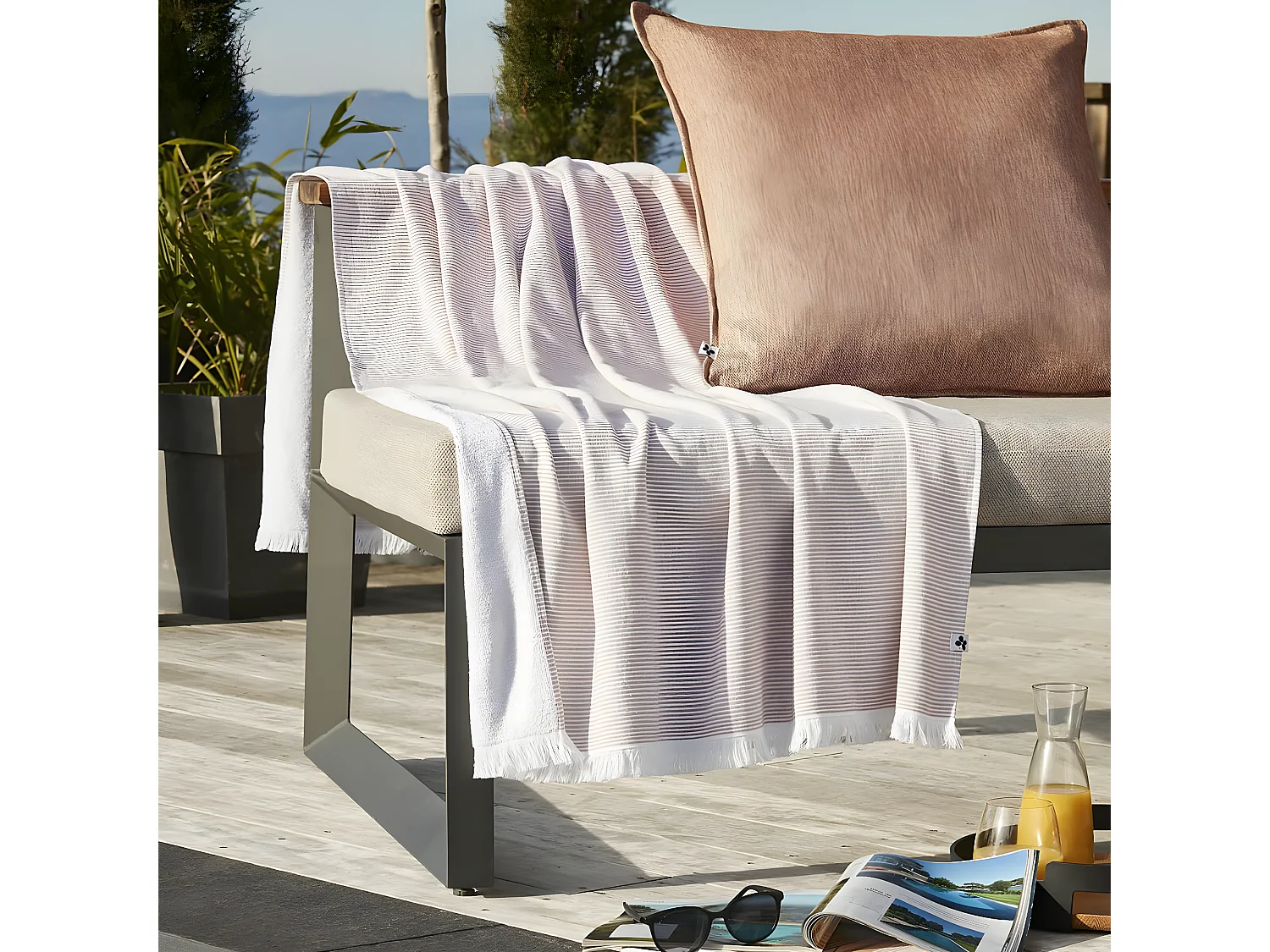 AMAL - Fouta Coton tissé + éponge 95 x 180 cm Coloris Corail