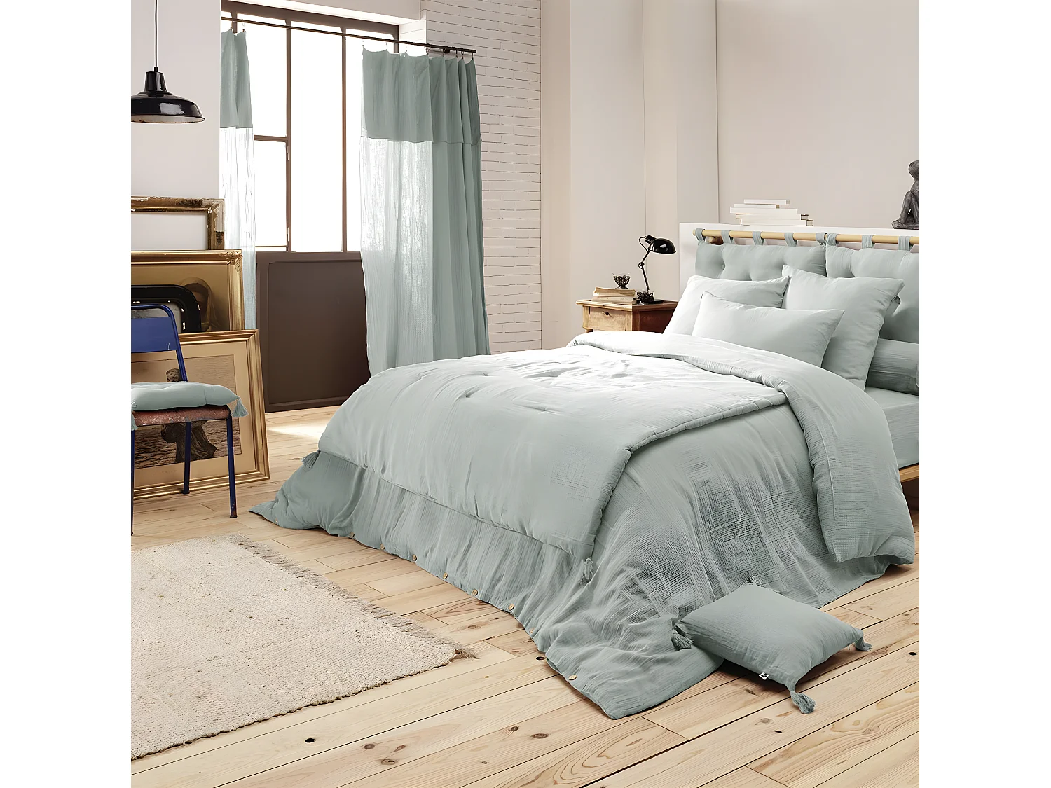 OUREA - Coussin de Tête de Lit avec Passants 50x80cm Gaze de Coton Eucalyptus