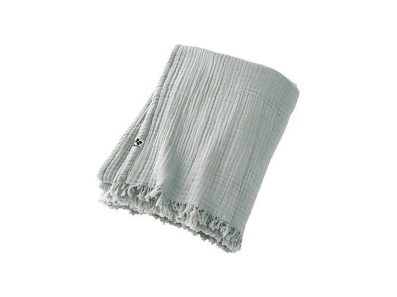 OUREA - Plaid à Franges 180x220cm 4 Epaisseurs Gaze de Coton Eucalyptus