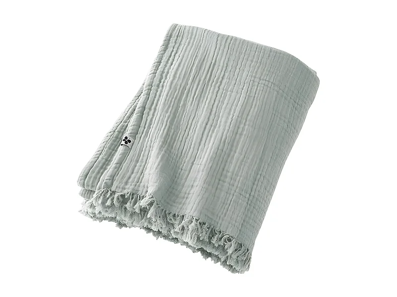 OUREA - Plaid à Franges 130x160cm 4 Epaisseurs Gaze de Coton Eucalyptus