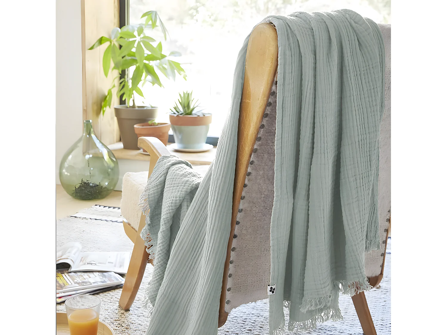 OUREA - Plaid à Franges 130x160cm 4 Epaisseurs Gaze de Coton Eucalyptus