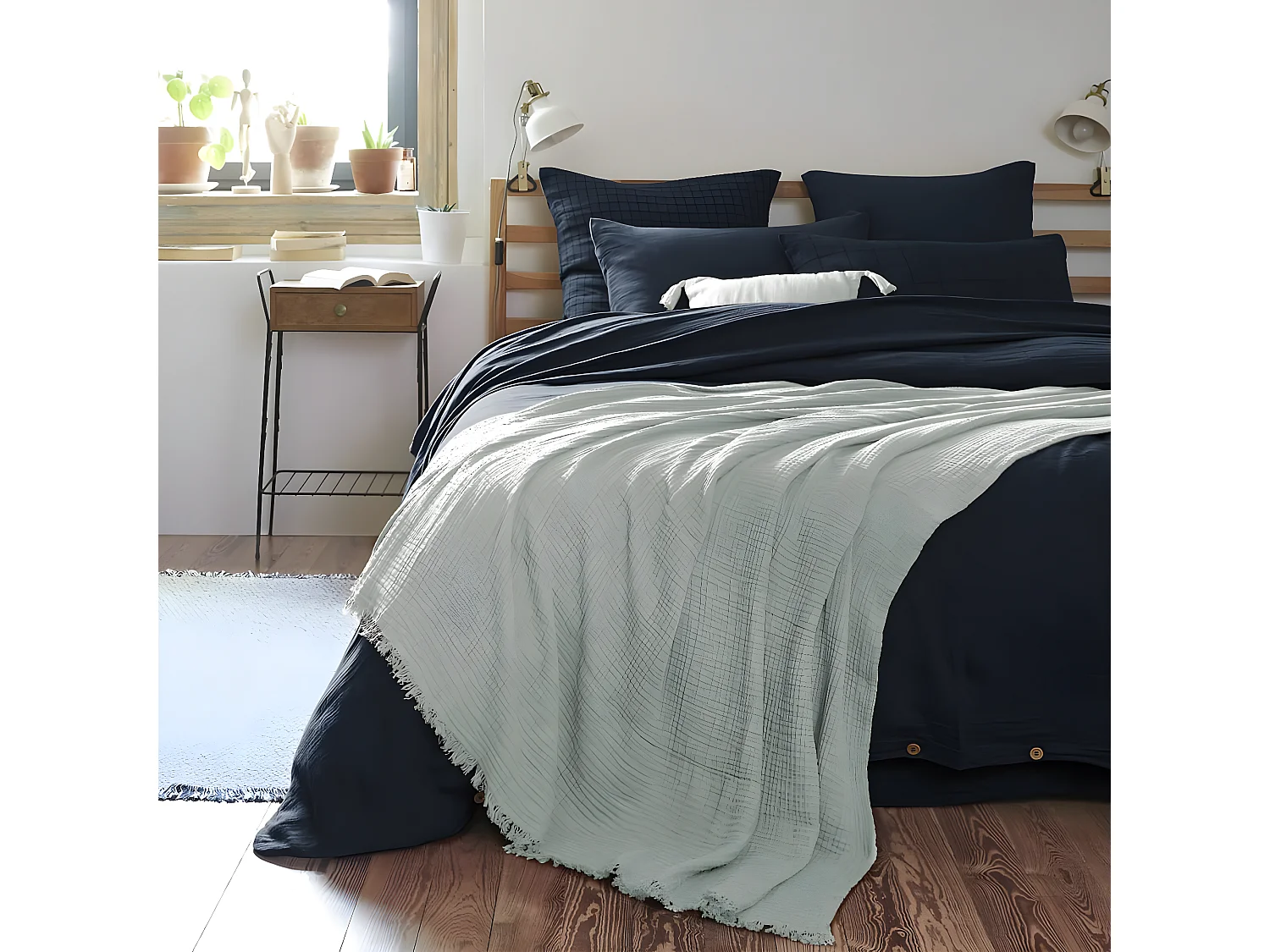 OUREA - Plaid à Franges 130x160cm 4 Epaisseurs Gaze de Coton Eucalyptus