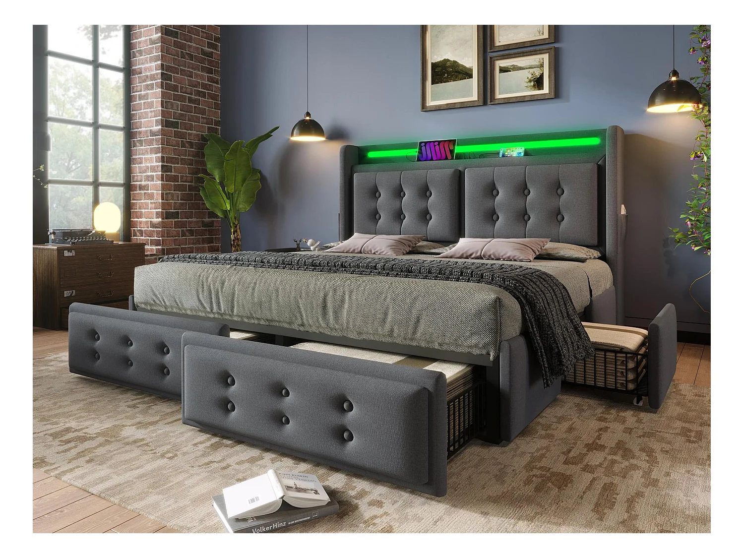 Lit adulte 160x200cm en tissu lin - avec LED et Ports de recharge - 4 tiroirs - Gris