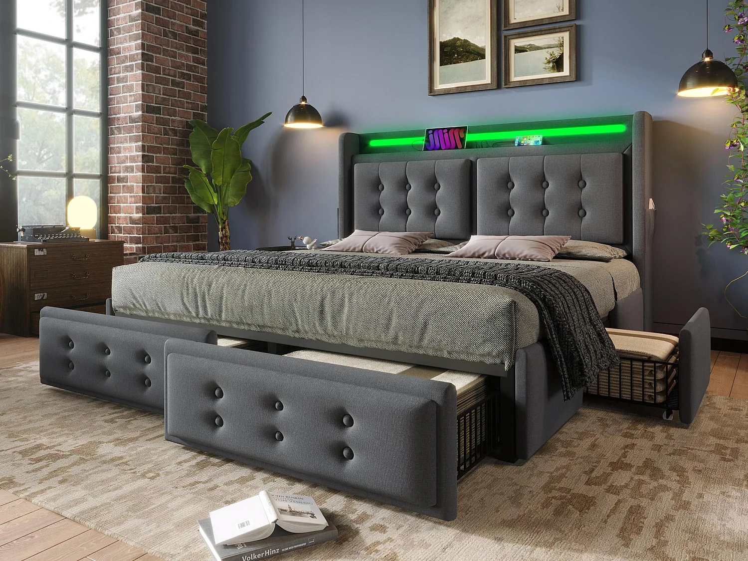 Lit adulte 160x200cm en tissu lin - avec LED et Ports de recharge - 4 tiroirs - Gris