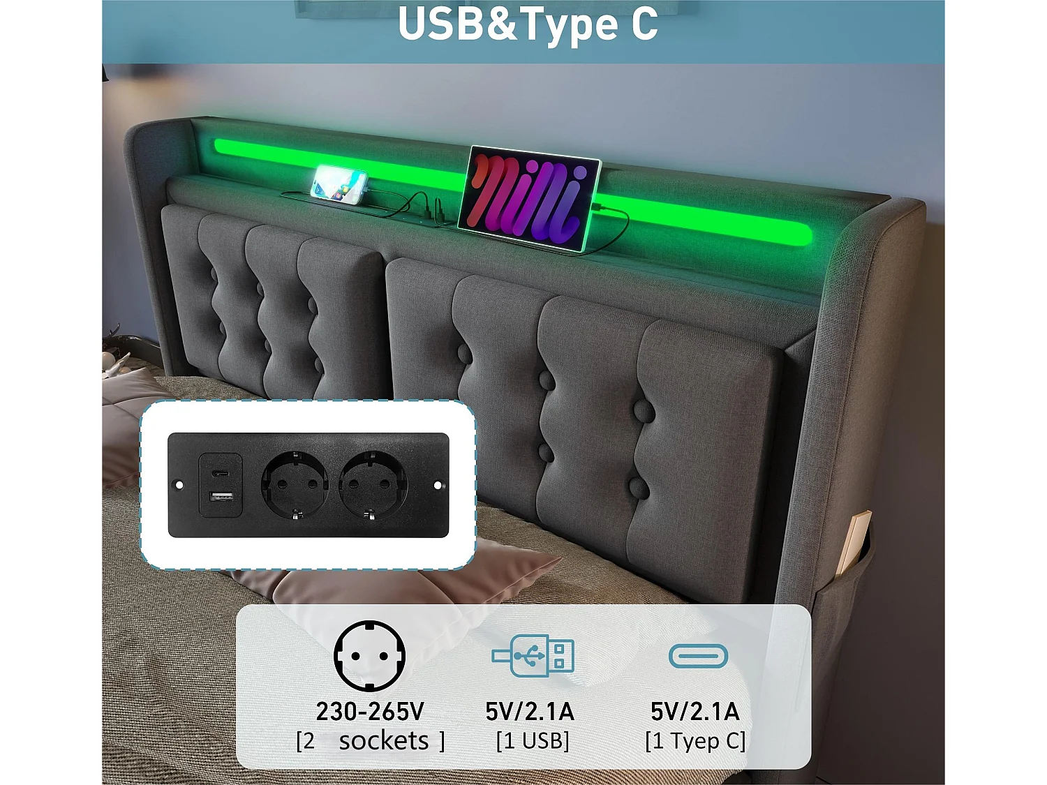 Lit adulte 160x200cm en tissu lin - avec LED et Ports de recharge - 4 tiroirs - Gris