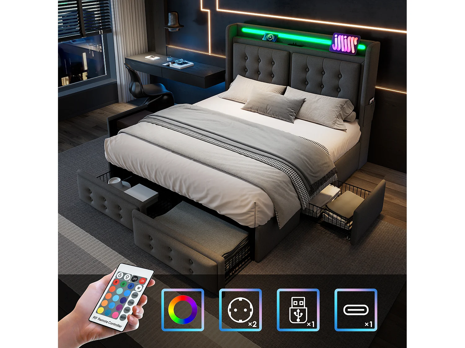 Cama para adultos 140x200cm en tejido de lino - con LED y puertos de carga - 4 cajones - Gris