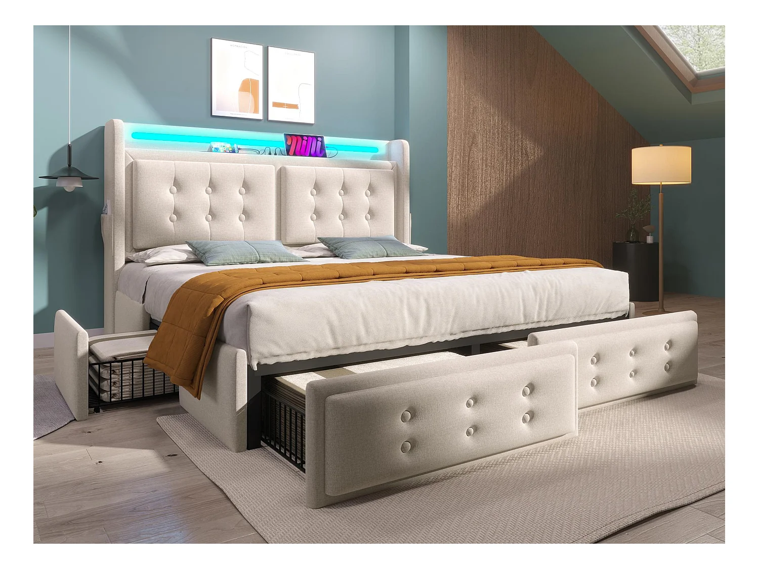 Lit adulte 140x200cm en tissu lin - avec LED et Ports de recharge - 4 tiroirs - Beige
