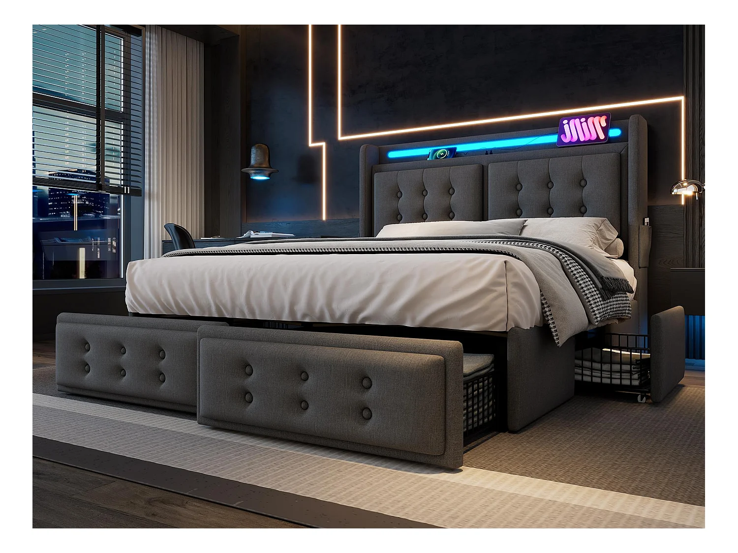 Lit adulte 180x200cm en tissu lin - avec LED et Ports de recharge - 4 tiroirs - Gris