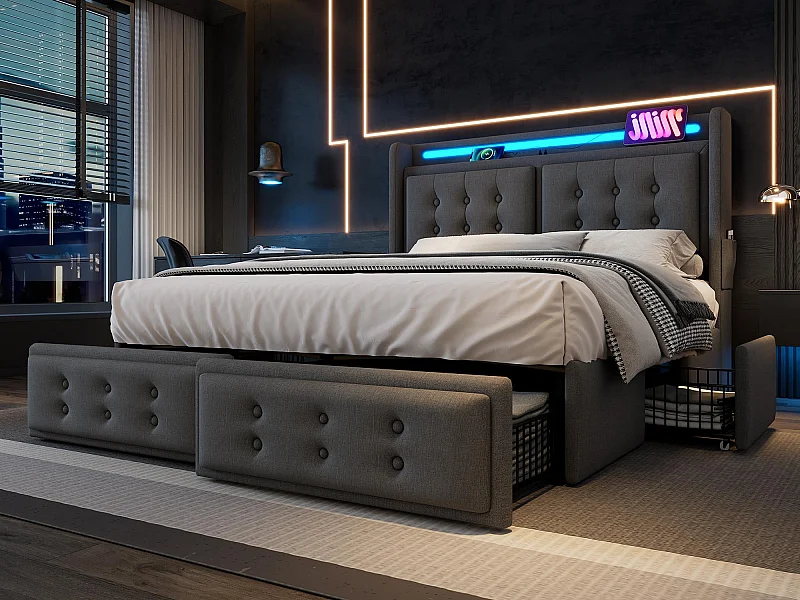 Lit adulte 180x200cm en tissu lin - avec LED et Ports de recharge - 4 tiroirs - Gris