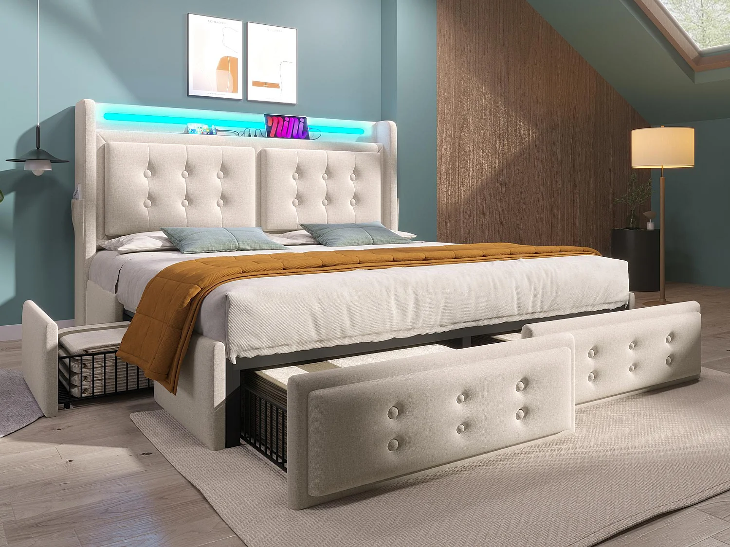 Lit adulte 160x200cm en tissu lin - avec LED et Ports de recharge - 4 tiroirs - Beige