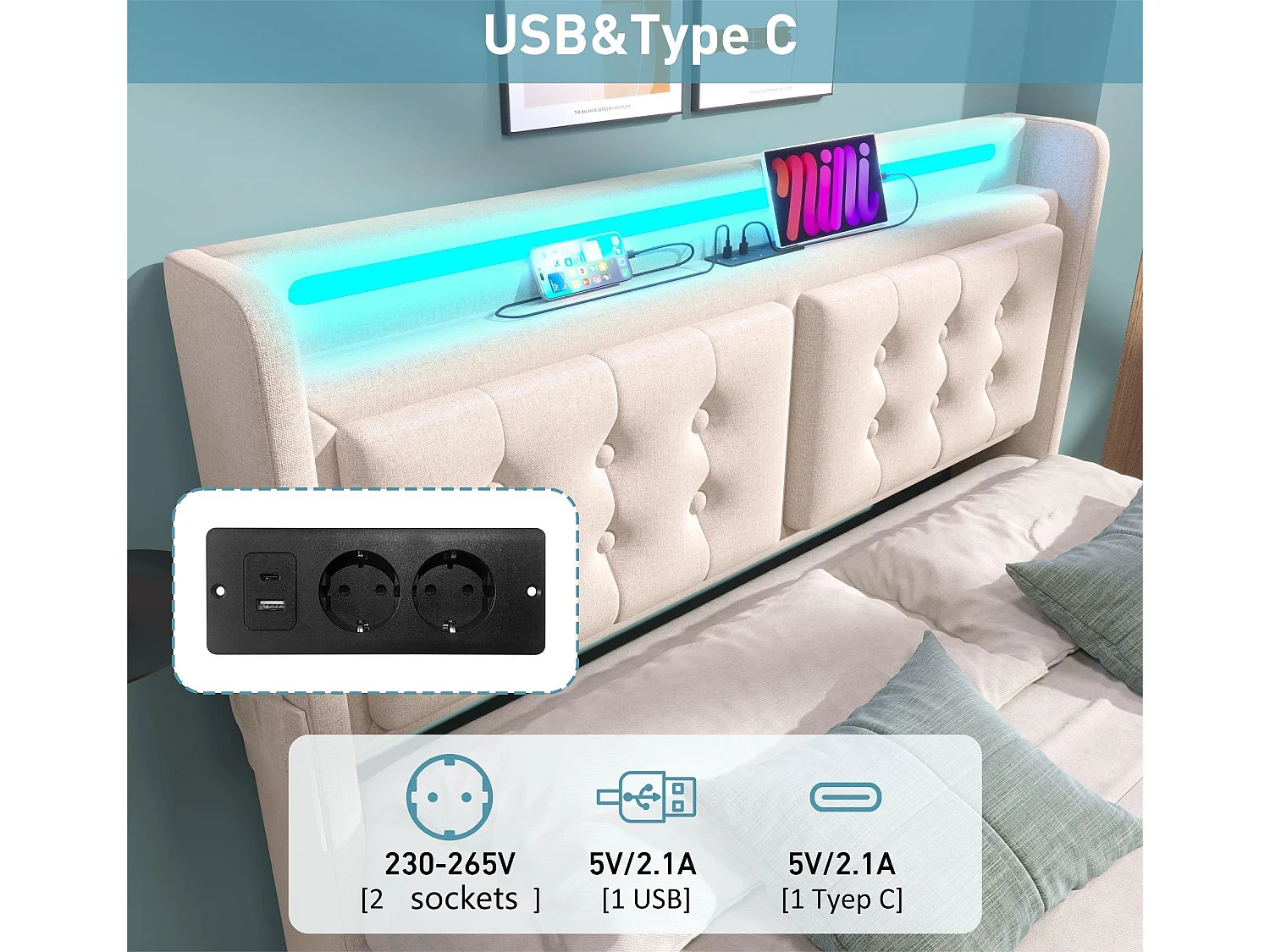 Lit adulte 160x200cm en tissu lin - avec LED et Ports de recharge - 4 tiroirs - Beige