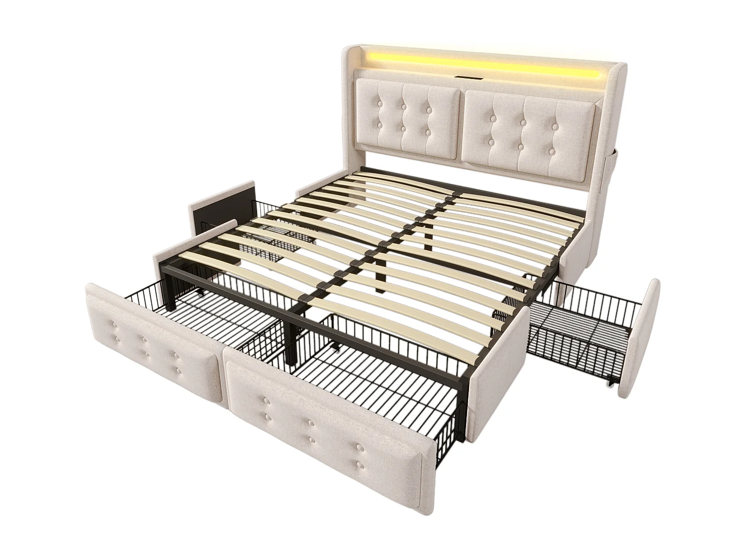 Lit adulte 160x200cm en tissu lin - avec LED et Ports de recharge - 4 tiroirs - Beige