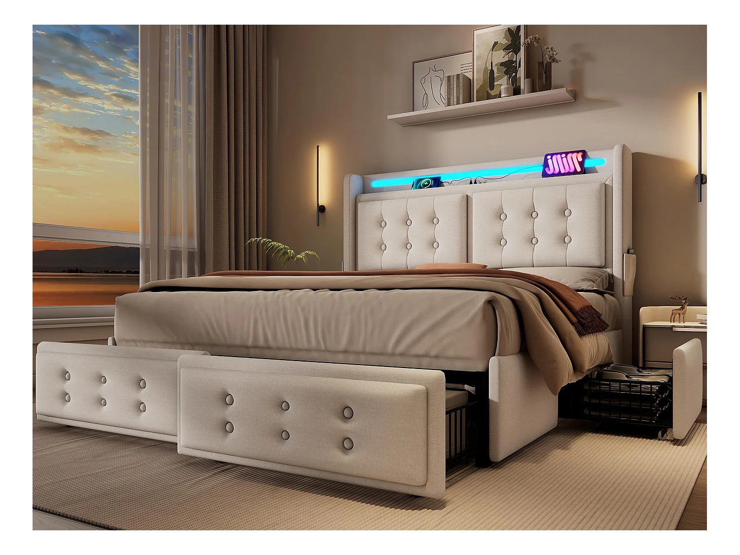 Lit adulte 180x200cm en tissu lin - avec LED et Ports de recharge - 4 tiroirs - Beige