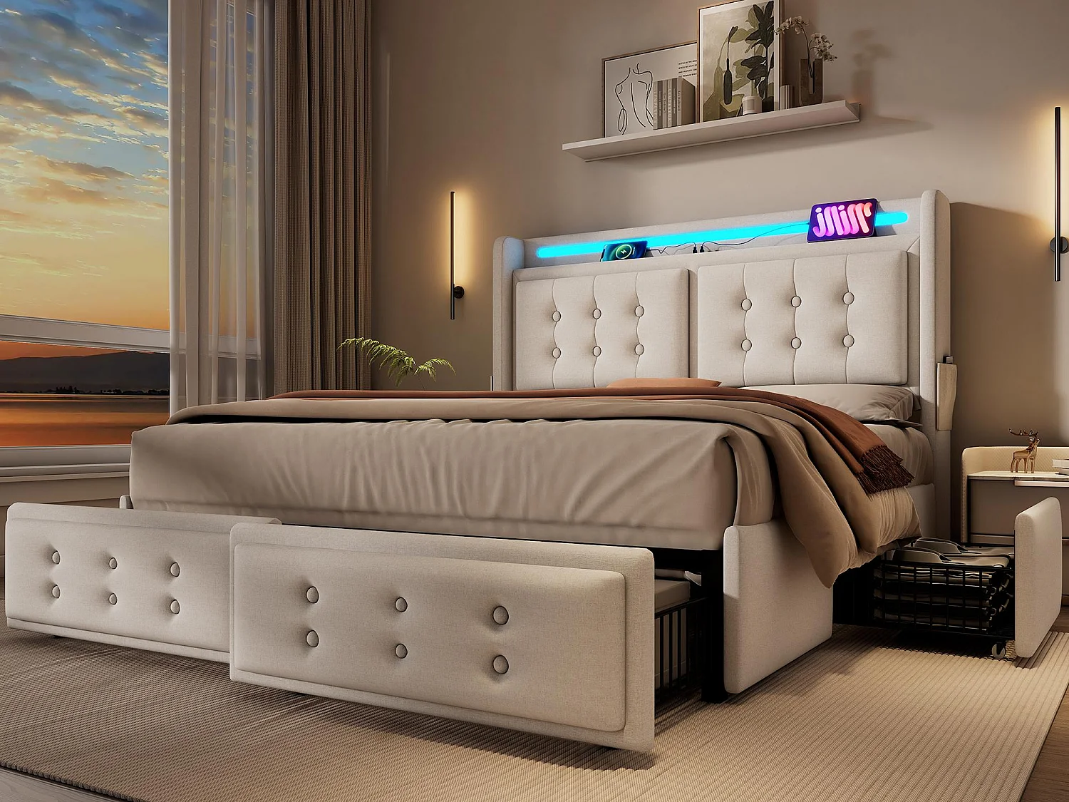 Erwachsenenbett 180 x 200 cm aus Leinenstoff – mit LED und Ladeanschlüssen – 4 Schubladen – Beige