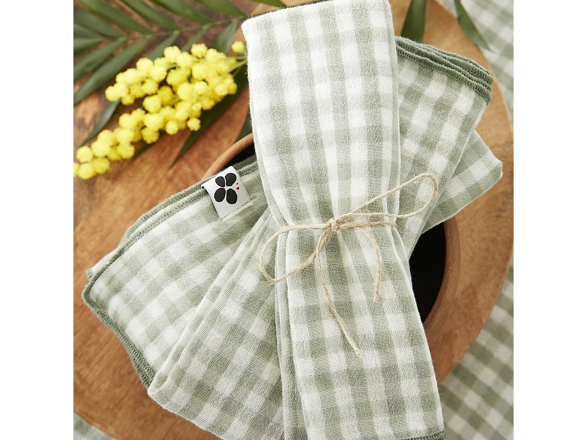 JOEL - Lot de 3 Serviettes 40x40cm Gaze de Coton Vichy Coloris Eucalyptus