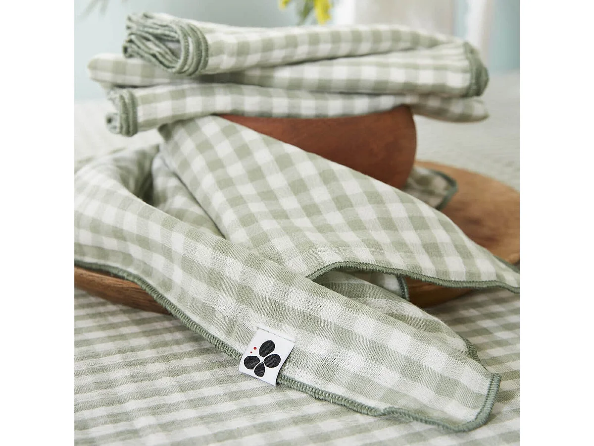 JOEL - Lot de 3 Serviettes 40x40cm Gaze de Coton Vichy Coloris Eucalyptus