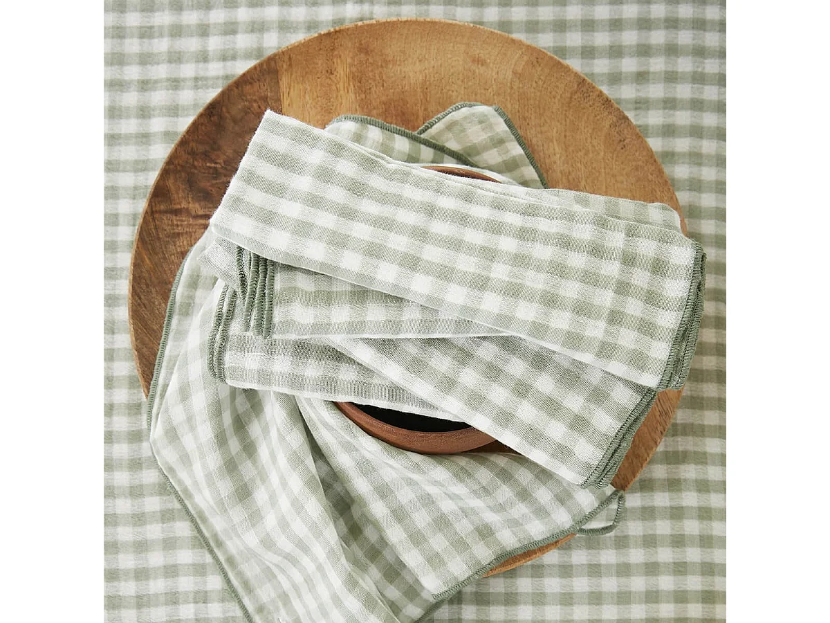 JOEL - Lot de 3 Serviettes 40x40cm Gaze de Coton Vichy Coloris Eucalyptus