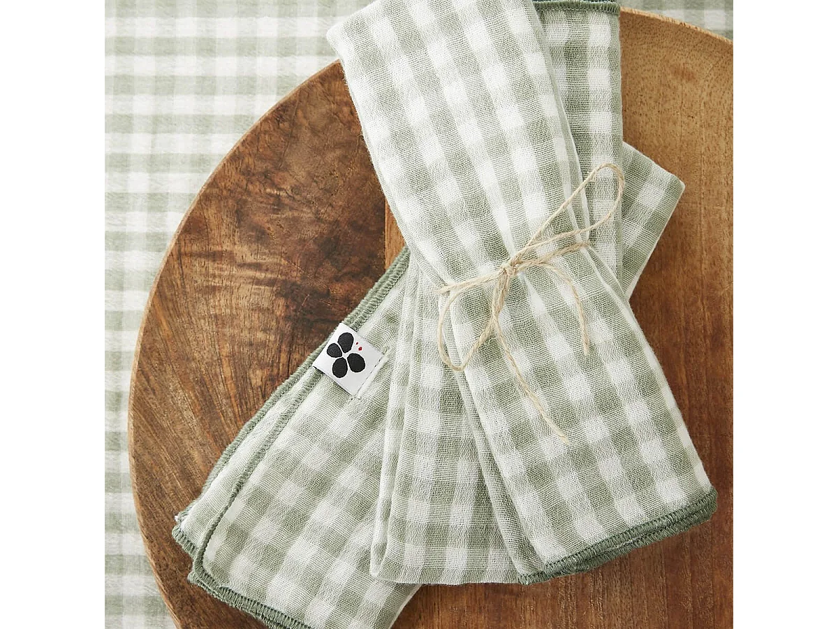 JOEL - Lot de 3 Serviettes 40x40cm Gaze de Coton Vichy Coloris Eucalyptus