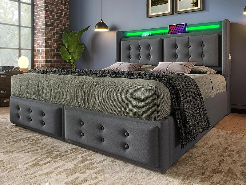 Lit coffre 160x200cm en tissu lin - avec LED et Ports de recharge - Gris