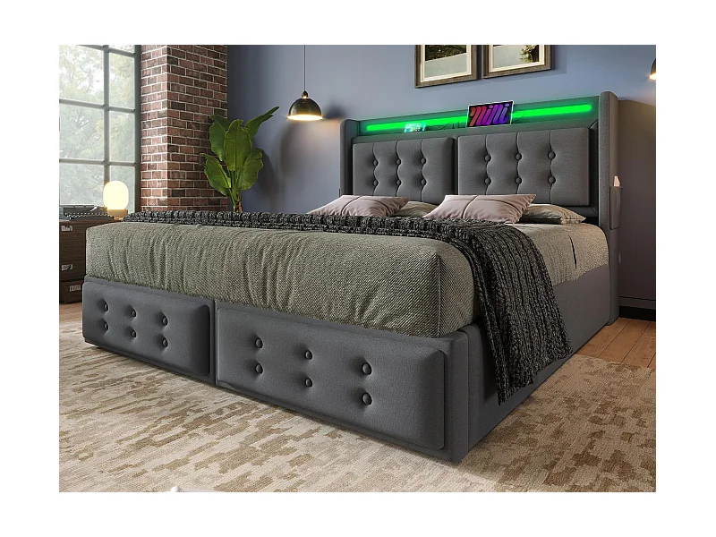 Opbergbed 140x200cm in linnenstof - met LED en oplaadpoorten - Grijs