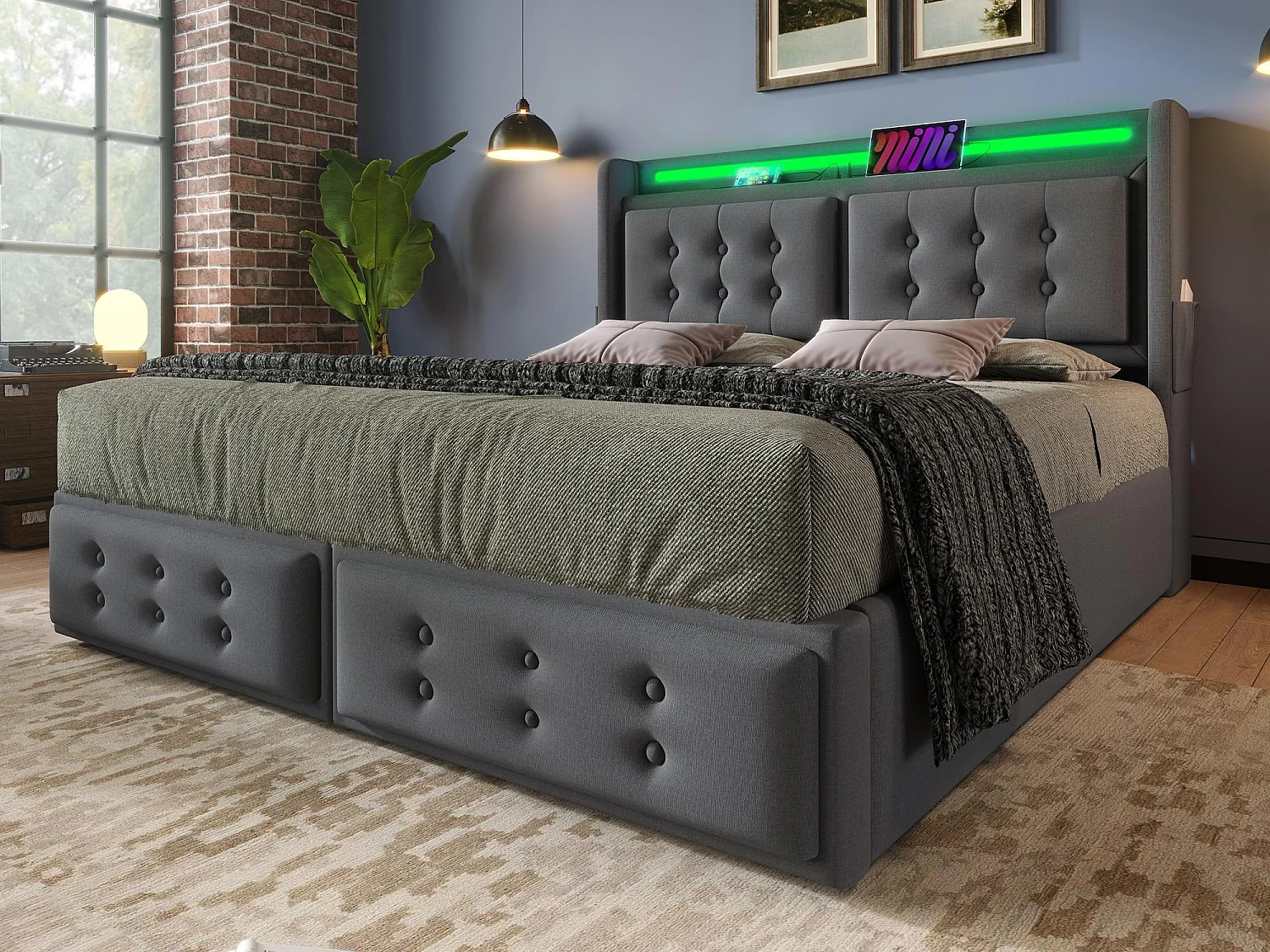 Lit coffre 140x200cm en tissu lin - avec LED et Ports de recharge - Gris