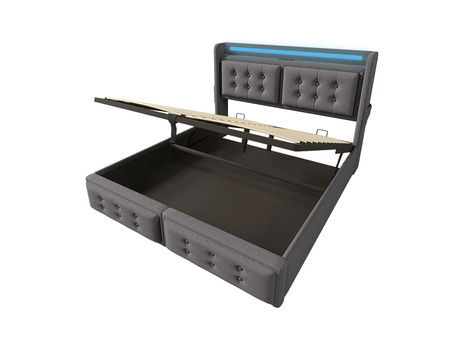 Lit coffre 140x200cm en tissu lin - avec LED et Ports de recharge - Gris