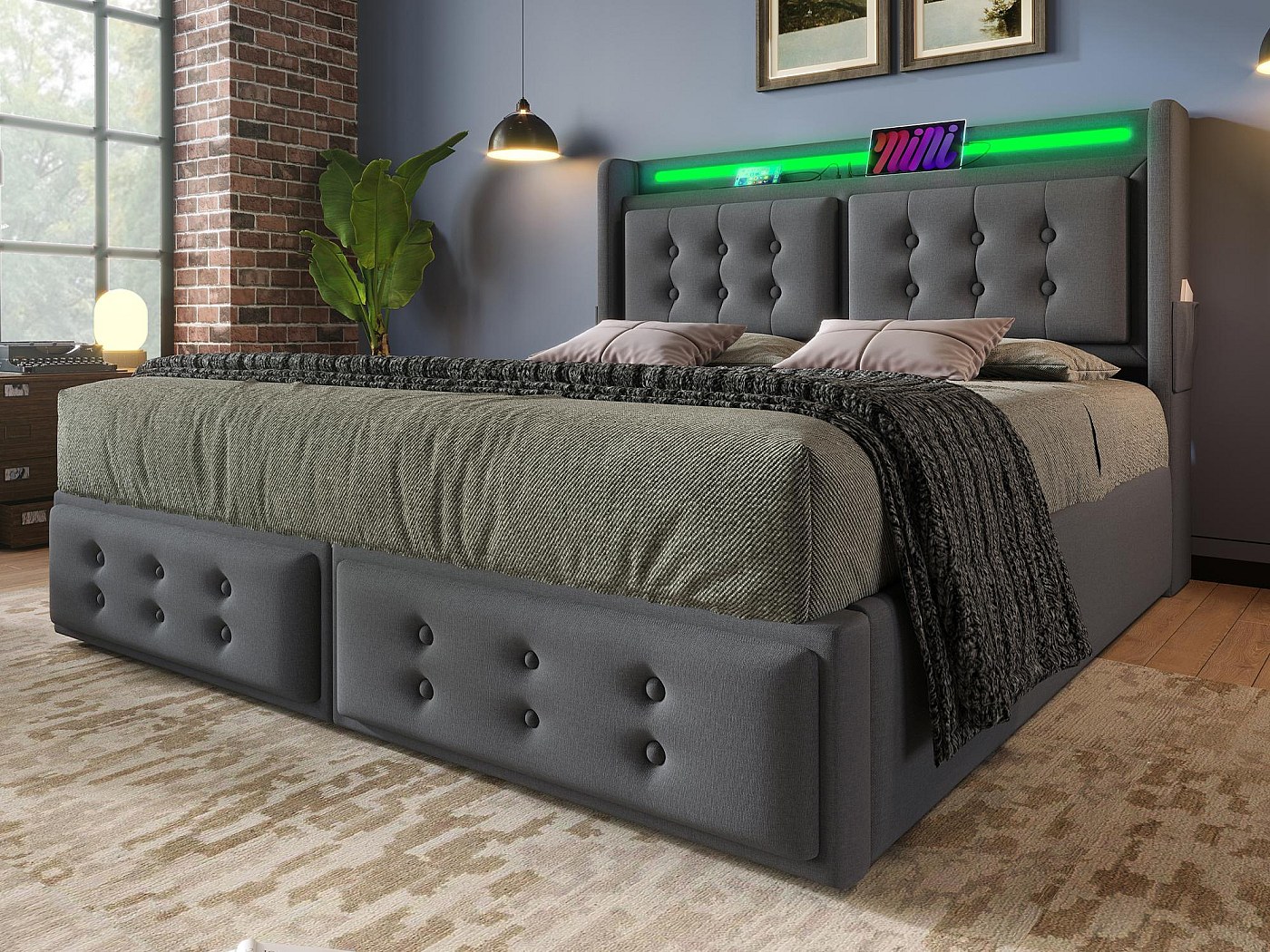 Letto contenitore 140x200 cm in tessuto di lino - con LED e prese di ...