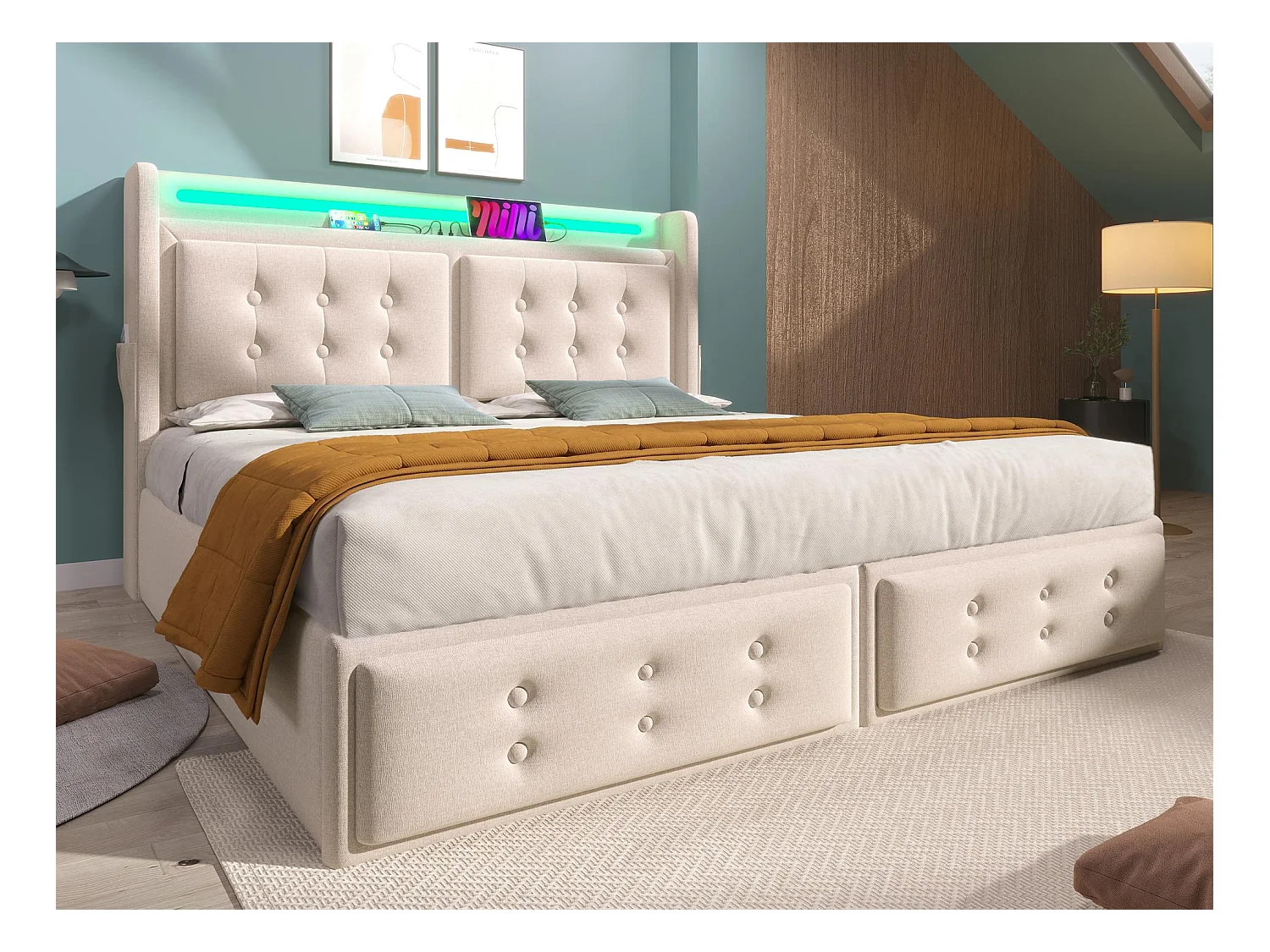Opbergbed 180x200cm in linnenstof - met LED en oplaadpoorten - Beige