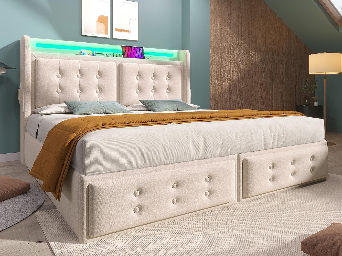 Letto contenitore 180x200 cm in tessuto di lino - con LED e prese di ...