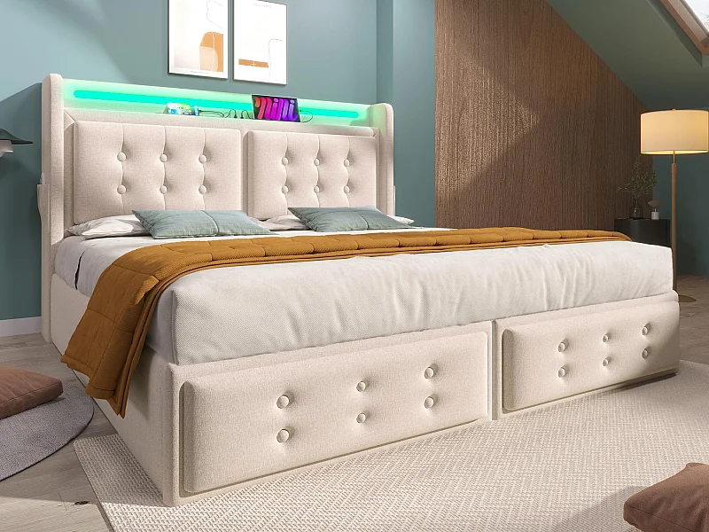 Lit coffre 180x200cm en tissu lin - avec LED et Ports de recharge - Beige